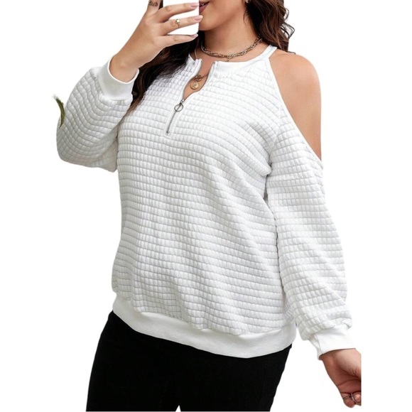 Plus Size Half Zip V-Neck White Cold Shoulder Waffle Knit Sweater Sweatshirt - Picture 2 of 11